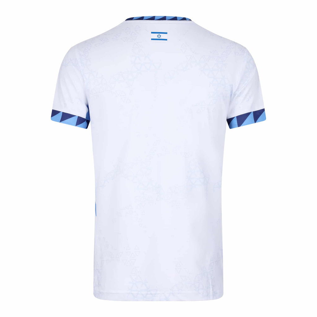 White short-sleeve soccer jersey shown from the back, featuring a subtle light blue geometric pattern, a small blue flag emblem at the collar, and blue geometric trim on the sleeve cuffs.