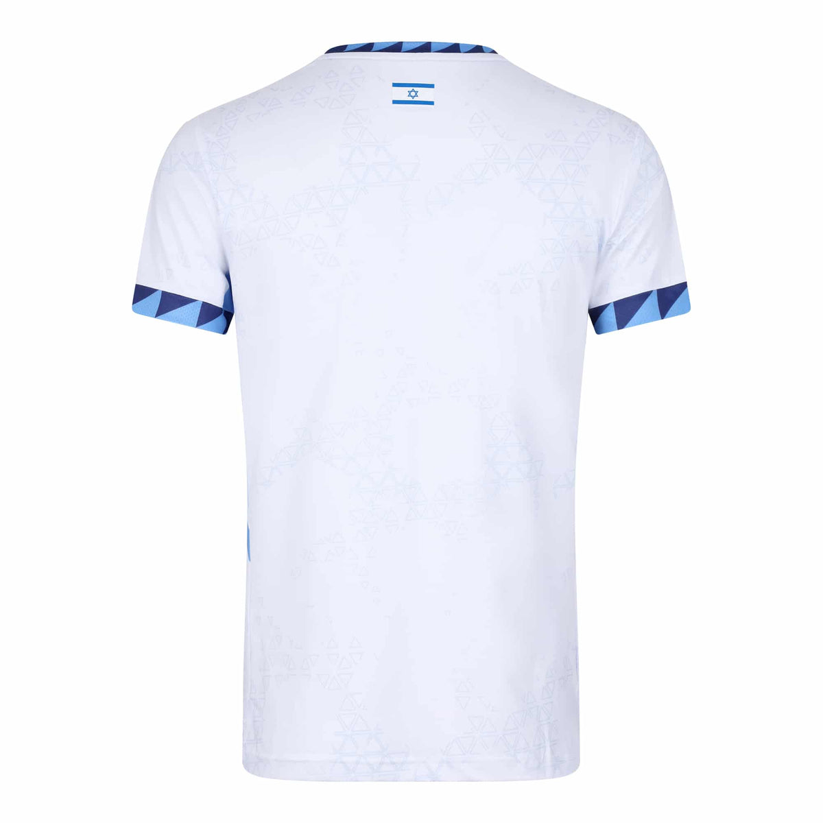 White short-sleeve soccer jersey shown from the back, featuring a subtle light blue geometric pattern, a small blue flag emblem at the collar, and blue geometric trim on the sleeve cuffs.