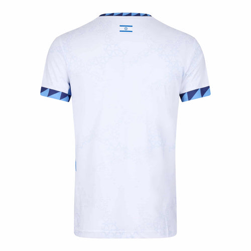 White short-sleeve soccer jersey shown from the back, featuring a subtle light blue geometric pattern, a small blue flag emblem at the collar, and blue geometric trim on the sleeve cuffs.